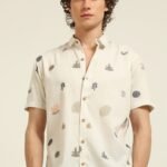 All-Over Embroidered Beige Half Sleeve Casual Shirt