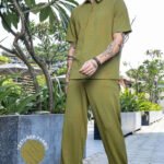Olive Textured Oversized Polo Neck Tee & Track-pant Co-ord Set