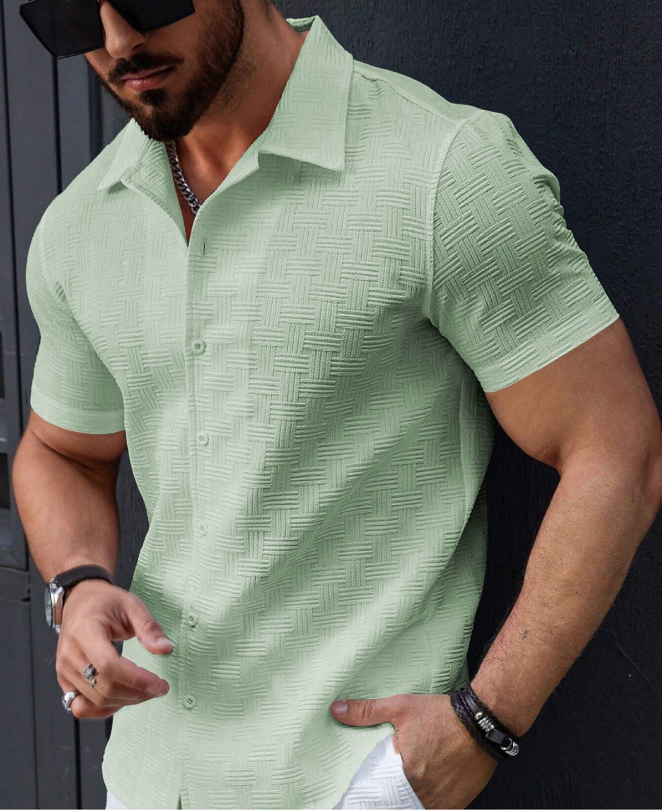 1-9.jpg Men’s Stylish Casual Textured Pista Shirt - Image 1