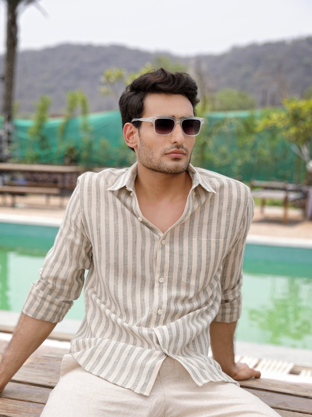 107_5b6a5d3b-495b-4a24-b483-589d46a0045a.jpg Sage Green Striped Pre-Washed Linen Cotton Summer Comfort Shirt for Men - Image 1