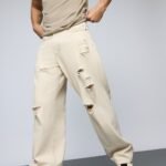 Premium Ecru Distressed Baggy Straight Jeans for Men