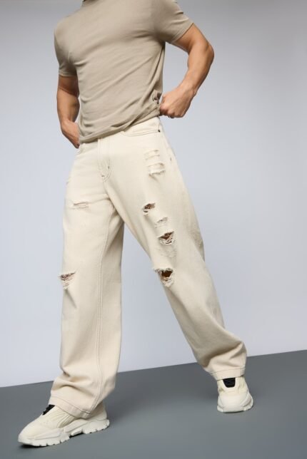 Premium Ecru Distressed Baggy Straight Jeans for Men