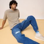 Mid Blue Rugged Distressed Street Style Wide Denim Jeans