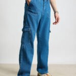 Utility Blue Multi-Pocket Baggy Straight Cargo Jeans