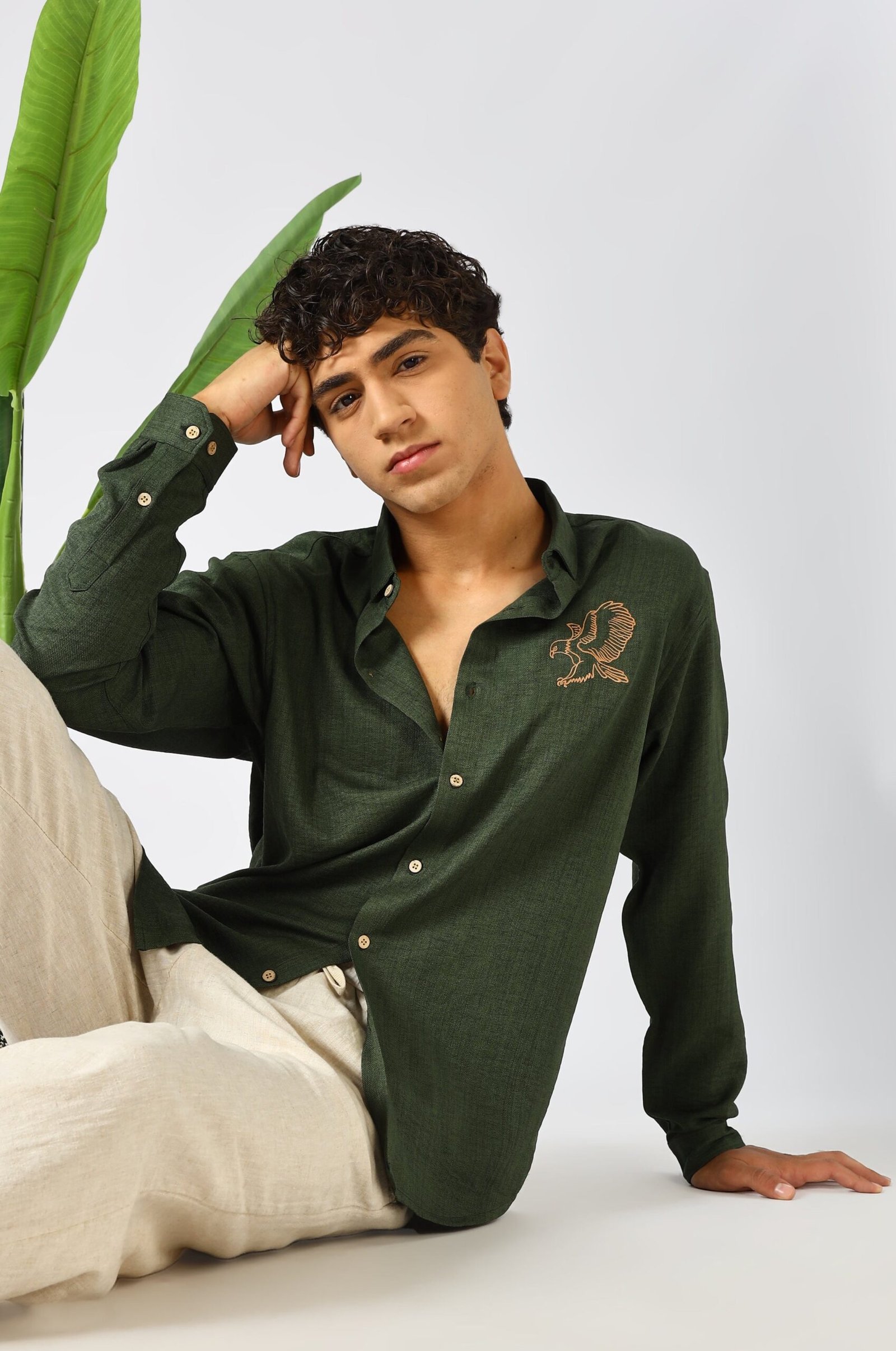 1L9A0034_32e4b0b3-85e6-48ff-a251-46a60ef1a246-scaled-1.jpg Forest Green Eagle Motif Embroidered Bold Casual Shirt - Image 1