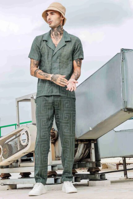 Olive Linen Blend Embroidered Notched Lapel Shirt and All Day Pants Co-ord Set
