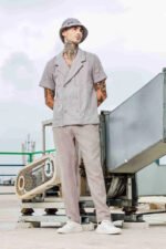Beige Linen Embroidered Notched Lapel Korean Shirt & Solid Linen All Day Pants Co-ord Set