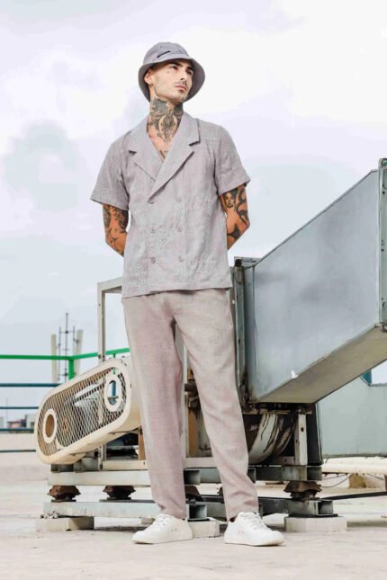 Beige Linen Embroidered Notched Lapel Korean Shirt & Solid Linen All Day Pants Co-ord Set