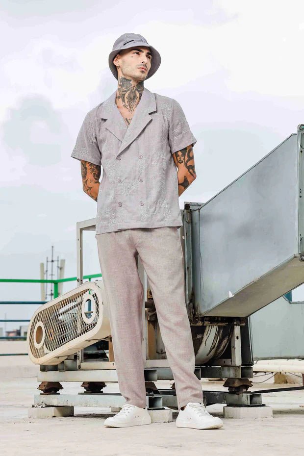 1L9A5793_11zon.jpg Beige Linen Embroidered Notched Lapel Korean Shirt & Solid Linen All Day Pants Co-ord Set - Image 1