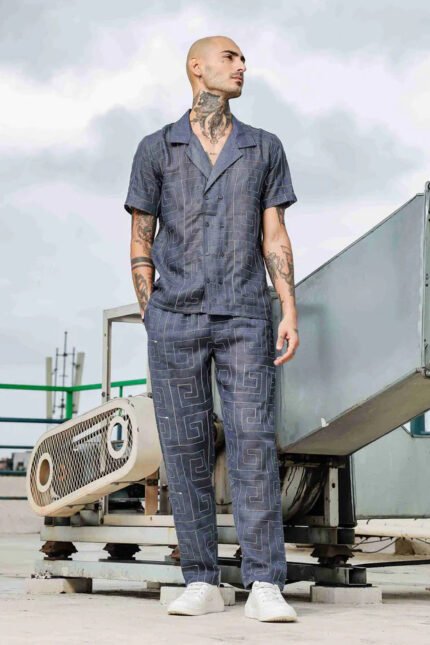 Blue Linen Embroidered Notched Lapel Korean Shirt & All Day Lounge Pants Co-ord Set