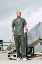 Olive Notched Lapel Linen Embroidered Shirt & Solid Linen All Day Pants Co-ord Set - Image 2
