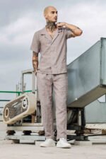 Beige Linen Notched Lapel Shirt & All Day Lounge Pants Embroidered Co-ord Set - Image 2
