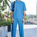 Blue Textured Oversized Round Neck Tee & Track Pant Co-ord Set