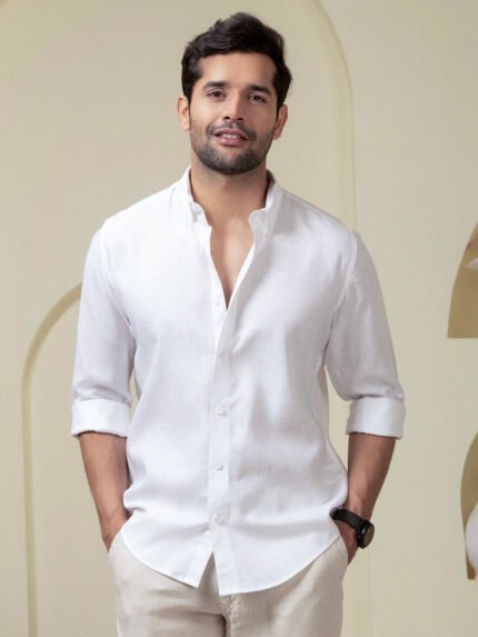 Crystal White Pre-Washed Linen Blend Classic Casual Shirt for Men