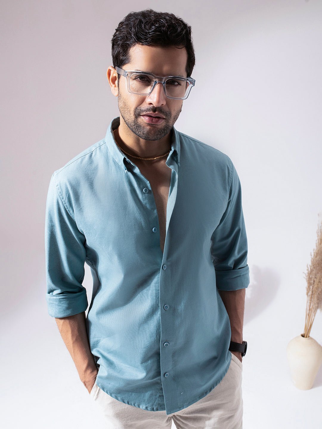 1_2_f8afe390-4671-4bb7-99a7-d4201d09a672.jpg Aqua Blue Pre-Washed Linen Blend Breezy Summer Casual Shirt - Image 1