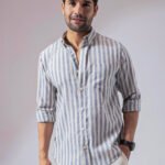 Ocean Blue Striped Linen Cotton Relaxed Fit Casual Shirt for Men