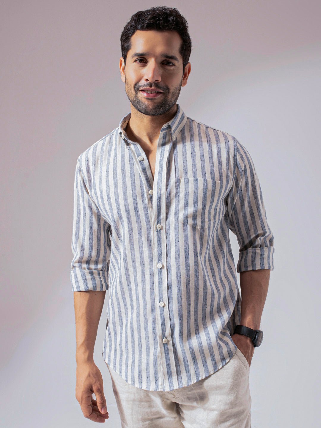 1_3_1ffd57ee-e9b0-429f-a41e-fa6865cc7691.jpg Ocean Blue Striped Linen Cotton Relaxed Fit Casual Shirt for Men - Image 1