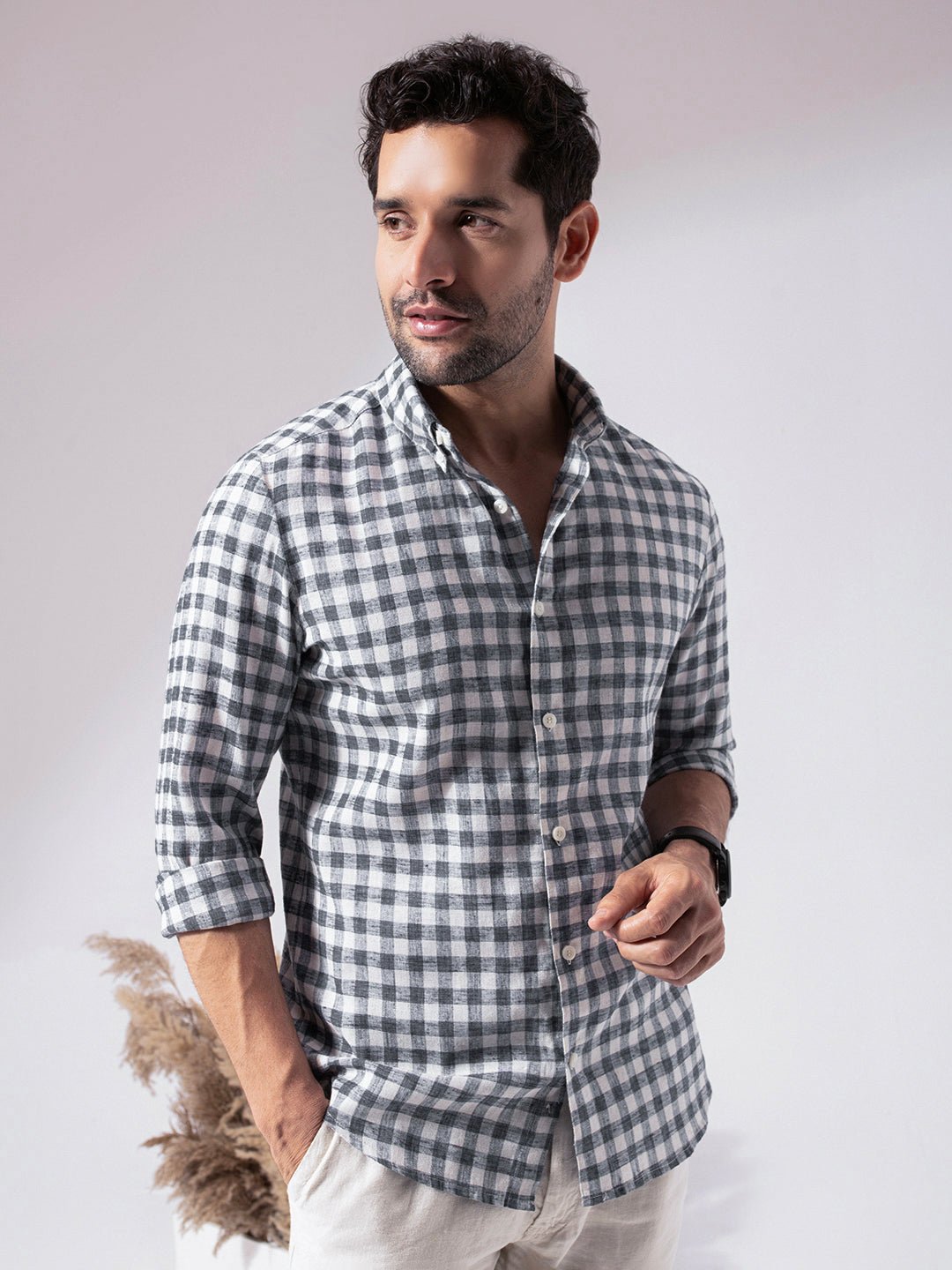 1_3_3ded0546-9c21-4853-a015-f9d78c54cc05.jpg Black Checkered Linen Blend Sharp Look Casual Shirt - Image 1