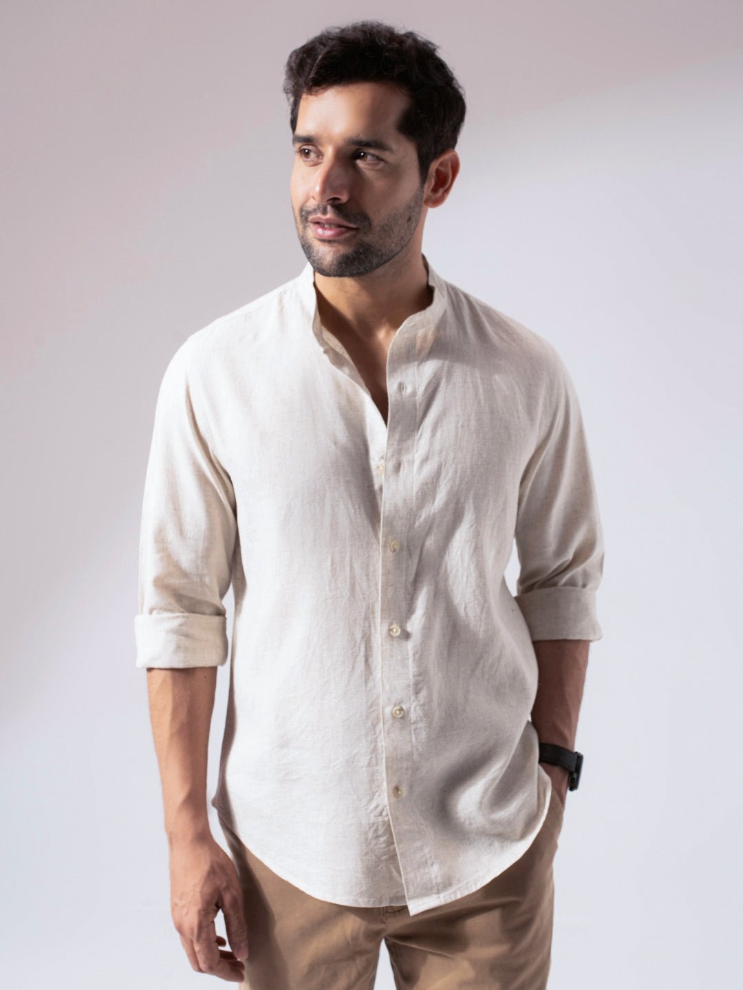 1_4_ebae060e-170e-4bb7-a987-03cdf244845d.jpg Beige Band Collar Linen Blend Premium Casual Shirt - Image 1