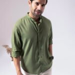 Green Band Collar Linen Blend Minimal Casual Shirt