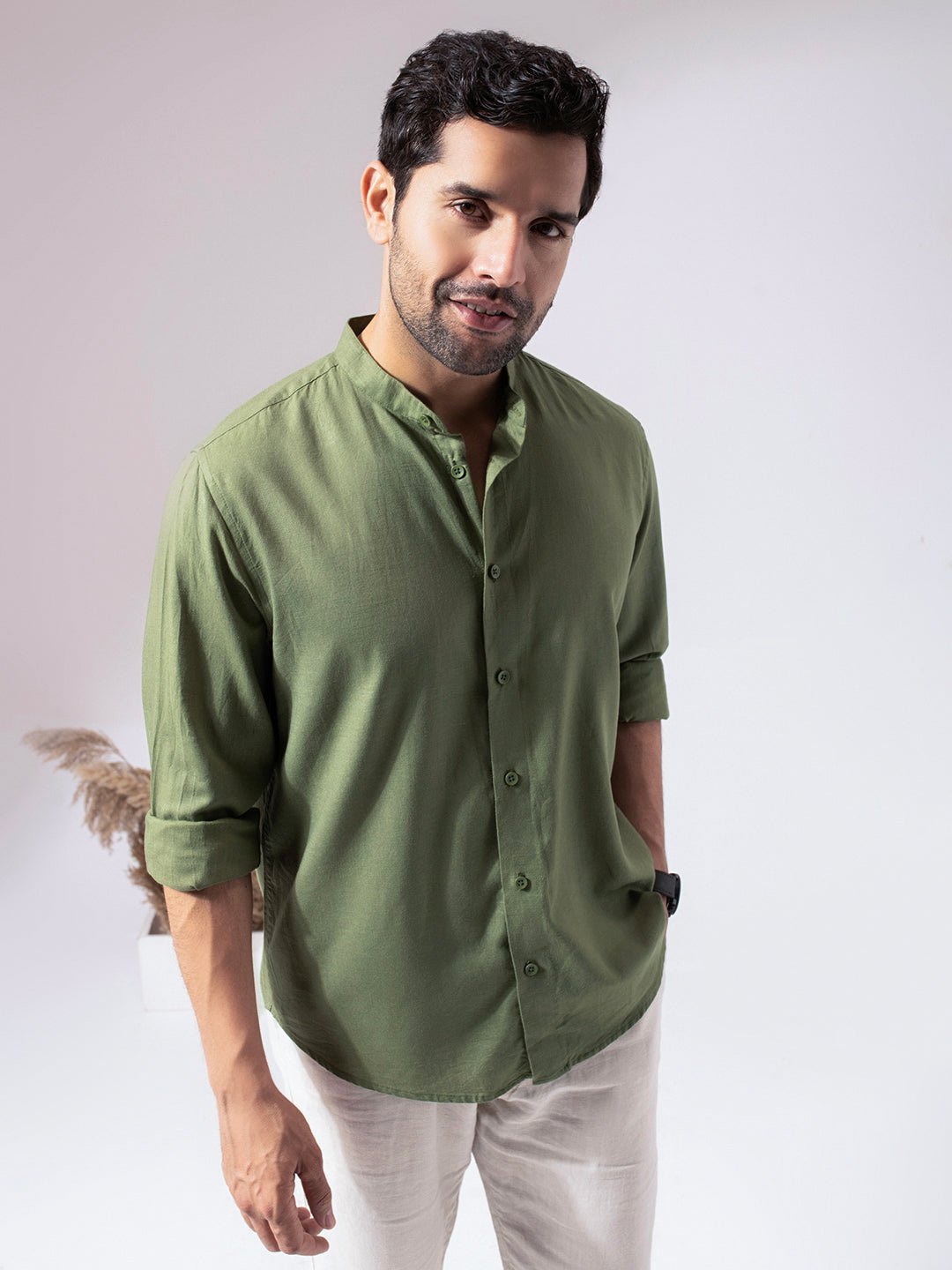 1_5_8006fc43-a9b0-4131-8883-0677e66cdf61.jpg Green Band Collar Linen Blend Minimal Casual Shirt - Image 1