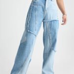 Blue Patchwork Creative Streetwear Straight-Fit Denim Jeans