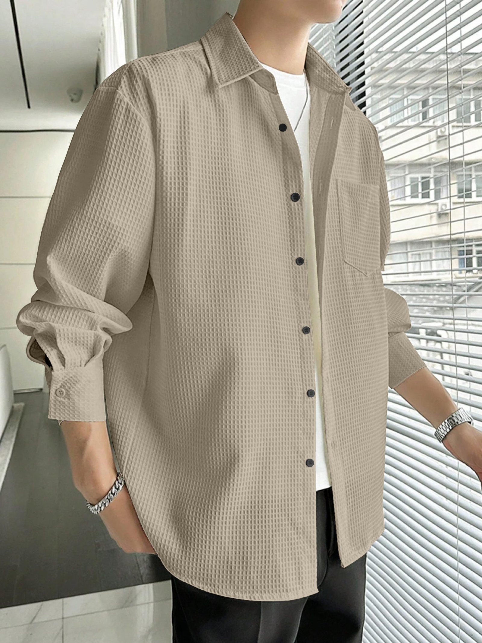3-1-2-scaled-1.jpg Full Sleeve Imported Waffle Men’s Brown Shirt - Image 1