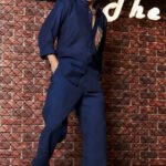 Navy Blue Linen Blend Casual Relaxed Fit Mandarin Collar Shirt & All Day Pants Co-Ord Set