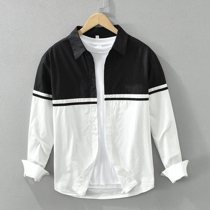 5.1.jpg Men’s Black & White Patchwork Long Sleeve Shirt - Image 1