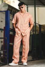 Beige & Orange Linen Blend Casual Relaxed Fit Short Sleeve Shirt & Gurkha Pants Co-Ord Set