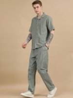 Men Textured Cotton Seersucker Resort Shirt & Trouser Co Ord Set