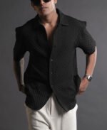 Half Sleeve Big Bubble Textured Black Shirt