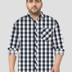 Black and Blue Check Pattern Men Plus Size Cotton Shirt