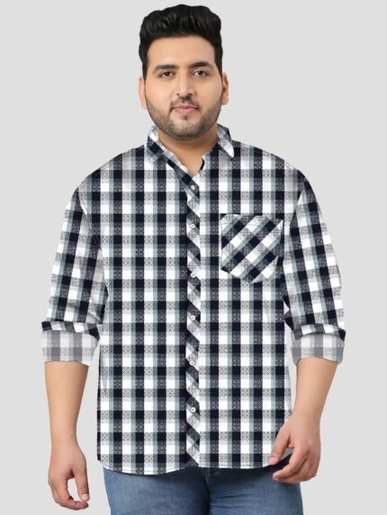 Black and Blue Check Pattern Men Plus Size Cotton Shirt