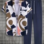 Classy Brown And Blue Patchwork On White Mens Full Set Trouser And Shirt Half Sleeves