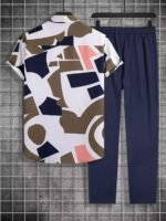 Classy Brown And Blue Patchwork On White Mens Full Set Trouser And Shirt Half Sleeves - Image 2