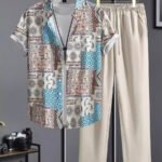 Classy Cream Mandala  Mens Full Set Trouser And Shirt Half Sleeves