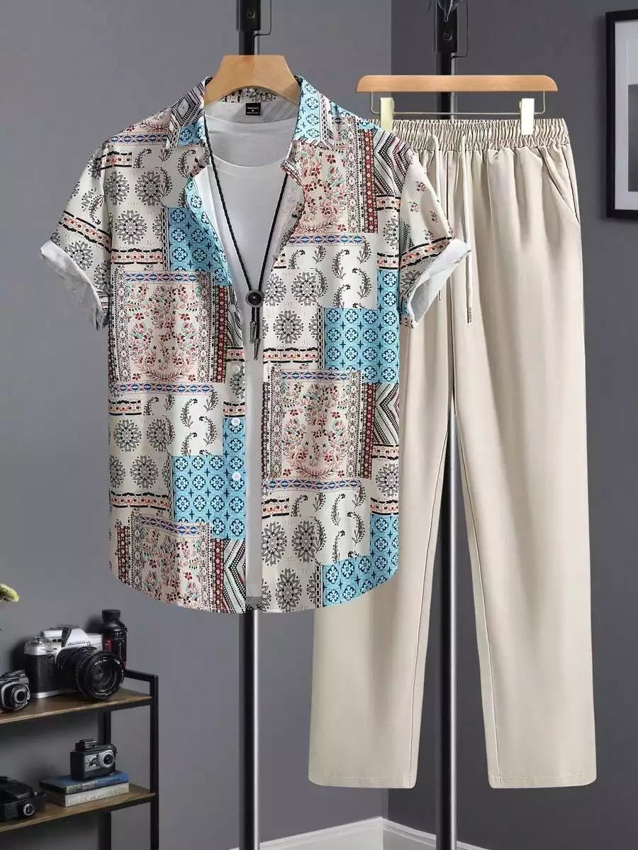 CLASSY_CREAM_MANDALA_1_6745fa97-21f6-482c-adee-9e23f5817238.jpg Classy Cream Mandala Mens Full Set Trouser And Shirt Half Sleeves - Image 1