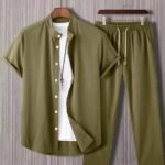 Plain Army Green Mens Full Set Trouser And Shirt Half Sleeves