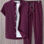 Plain Burgundy Mens Full Set Trouser And Shirt Half Sleeves