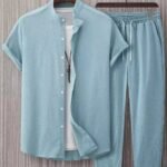 Plain Mint Blue Mens Full Set Trouser And Shirt Half Sleeves