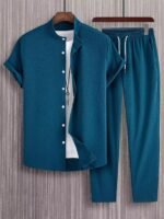 Plain Teal Blue Mens Full Set Trouser And Shirt Half Sleeves