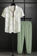 Leafy White Men’s Casual Half Sleeve Shirt and Trouser Co-ord Set