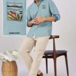 Wildscape Monkey Vista Sky Blue Embroidered Cotton Shirt