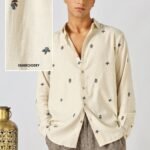 Blueberry Beige Cotton Regular Fit Subtle Embroidered Shirt