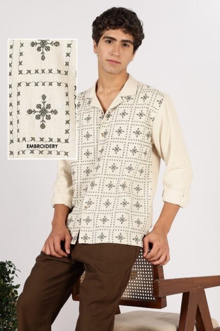Heritage Grid Beige Cotton Box Fit Embroidered Shirt