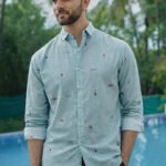 Aqua Beach Motif Sky Blue Embroidered Summer Shirt