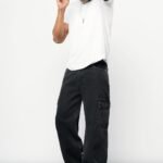 Stonewashed Black Baggy Straight Cargo Jeans for Men