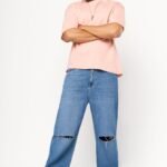 Blue Denim Knee-Slit Oversized Straight Jeans