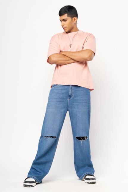 Blue Denim Knee-Slit Oversized Straight Jeans